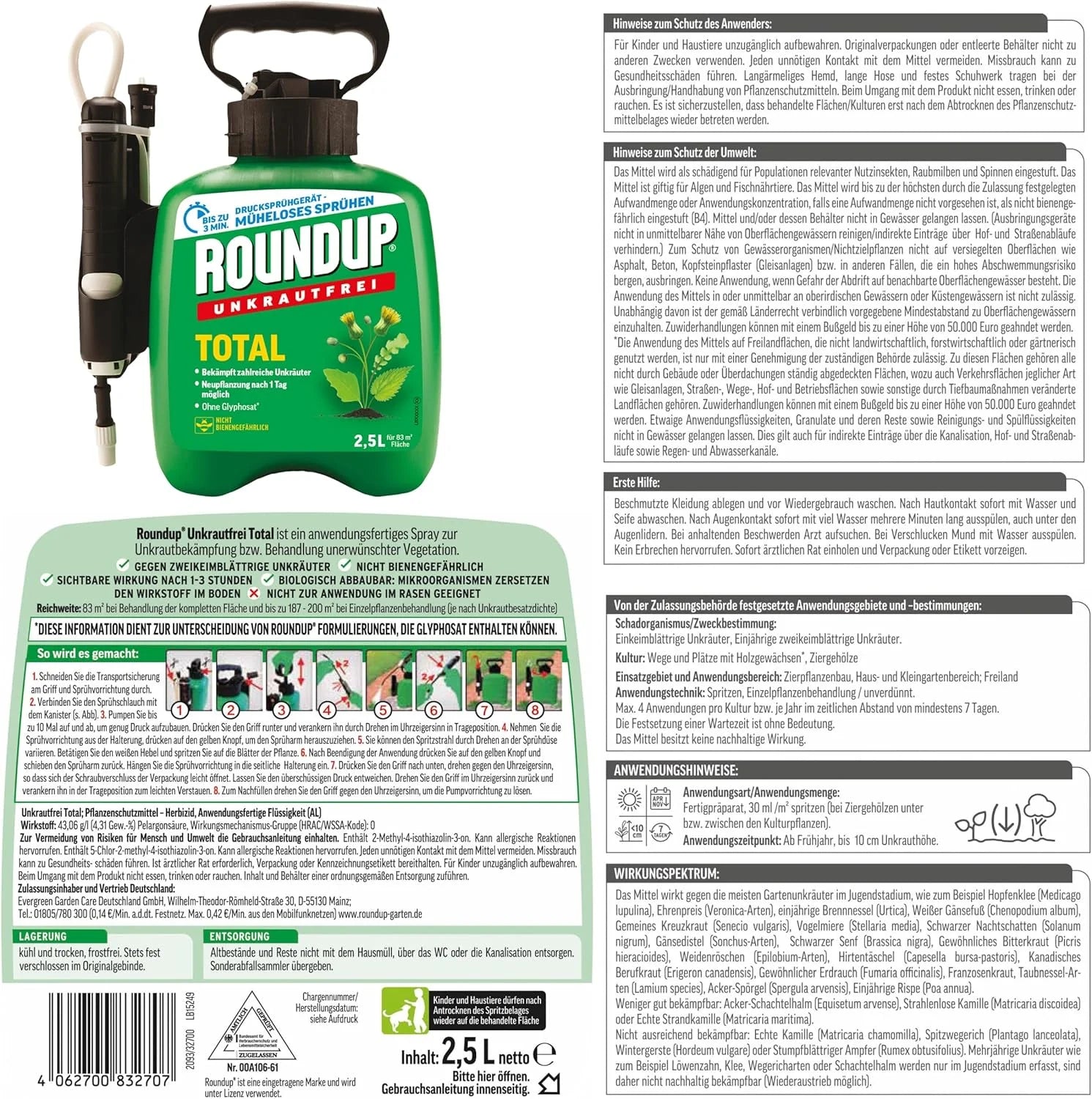 Désherbant ROUNDUP Système de pulvérisation à pression totale 2,5 l